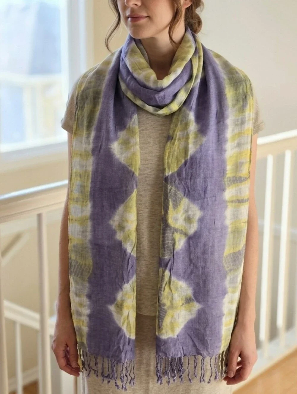 ROOTS Purple Yellow Tie Dye Shibori Fringe Wrap Scarf Lightweight Gauze Shawl
